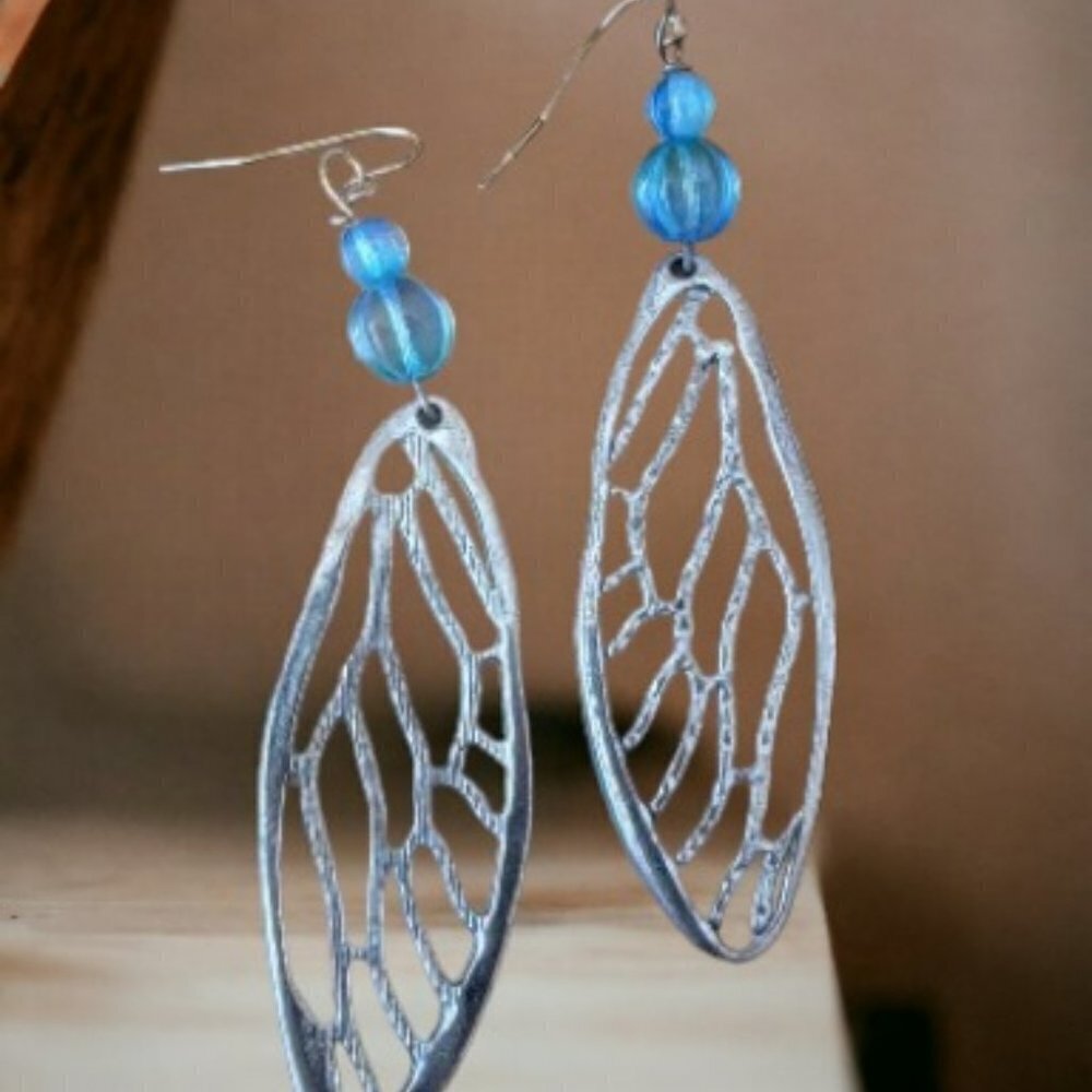 Silver Plated Turquoise & Blue Leaf Drop‎ Bohemian Earrings  Hand Crafted